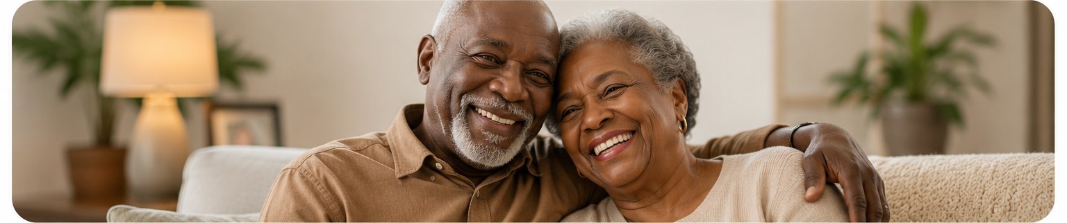 Happy senior couple together at home