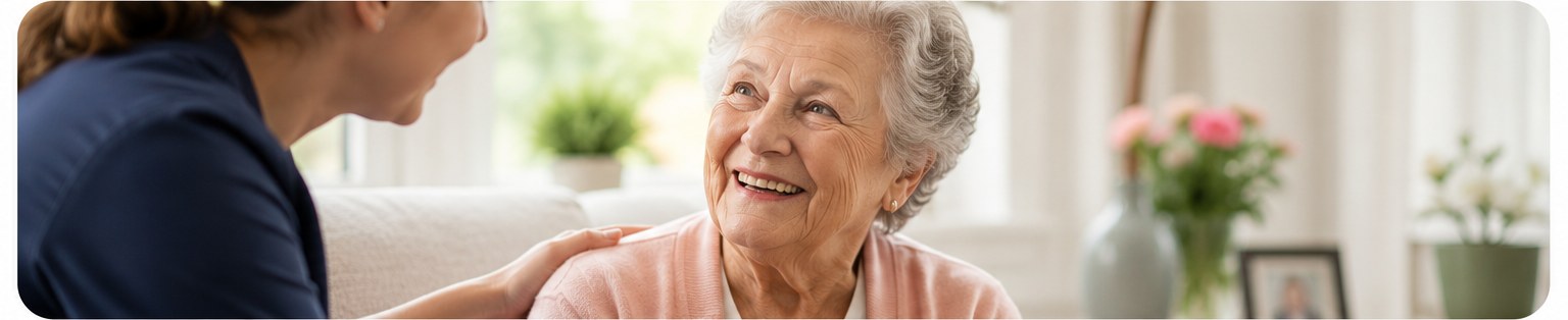 Senior woman smiling with her caregiver at home