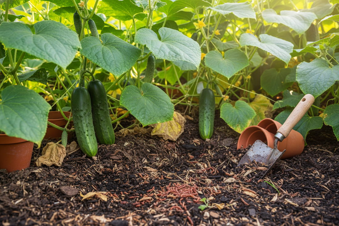 Farmer applying fertilizer to cucumber plants