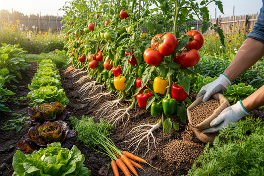 Farmer applying the best fertilizer for vegetable garden rows