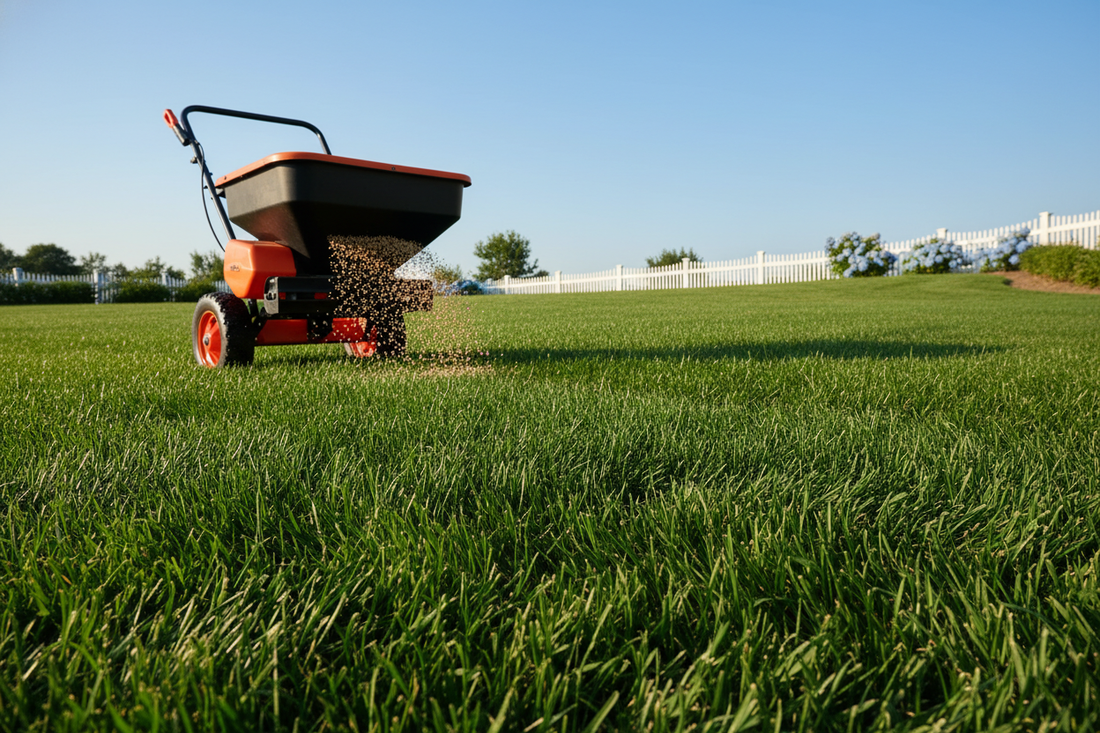Gardener applying high nitrogen lawn fertilizer for deep green turf