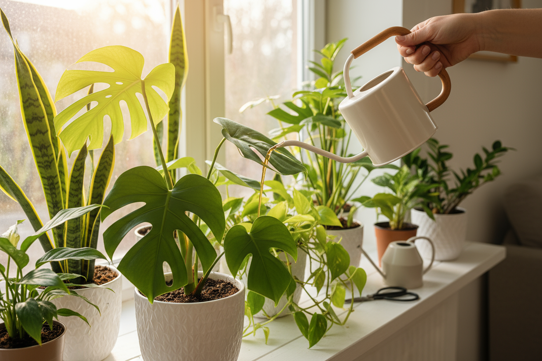 watering indoor plants with balanced house plant fertilizer