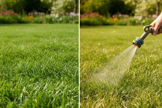 Homeowner spraying the best liquid lawn fertilizer on green grass