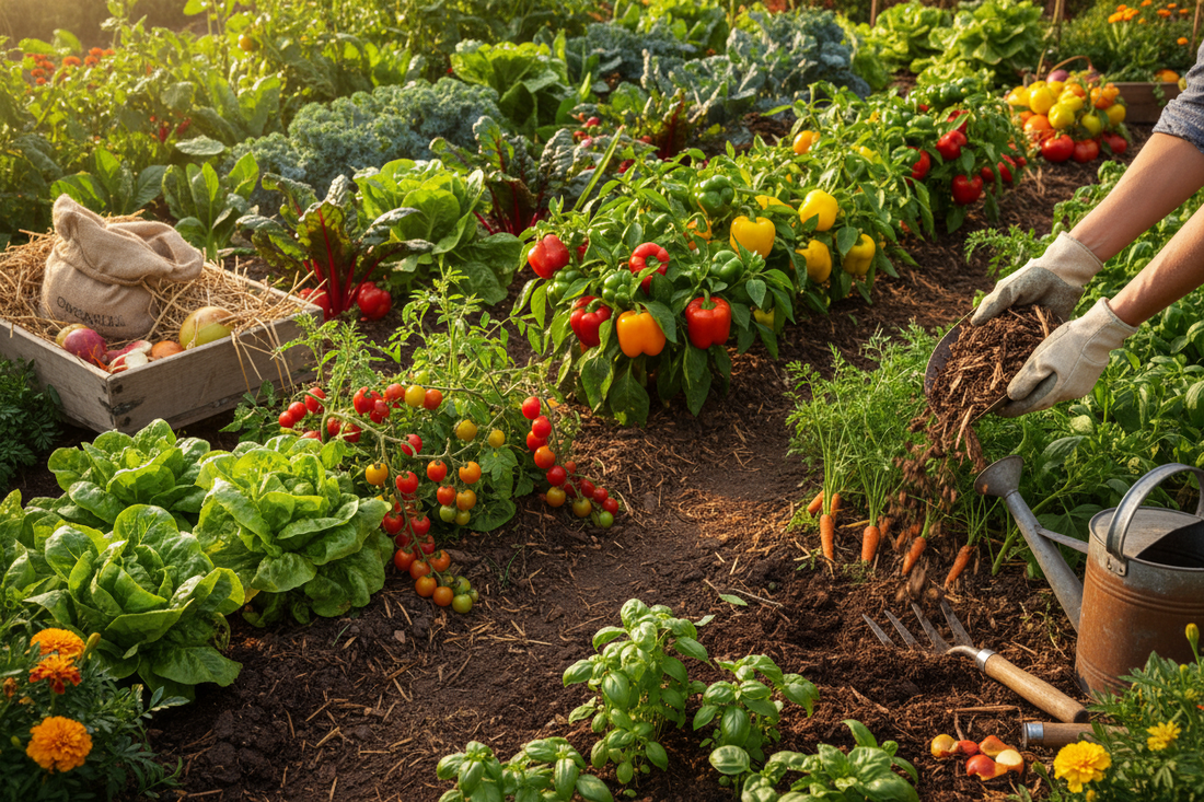 Gardener applying the best organic fertilizer for vegetables in raised beds