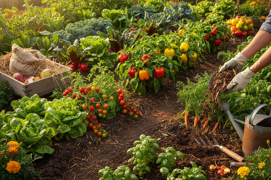 Gardener applying the best organic fertilizer for vegetables in raised beds