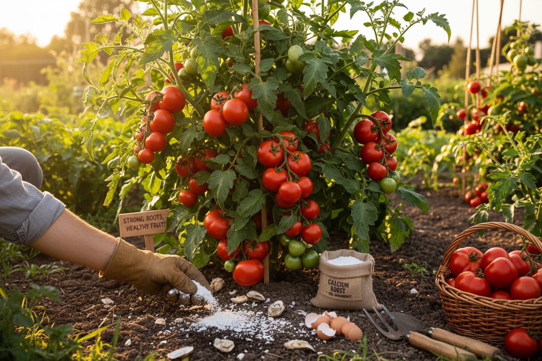 Farmer applying calcium fertilizer to tomato plants in a greenhouse
