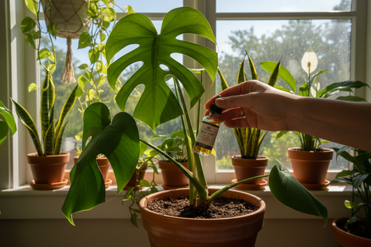 Person feeding indoor houseplants with fertilizer solution