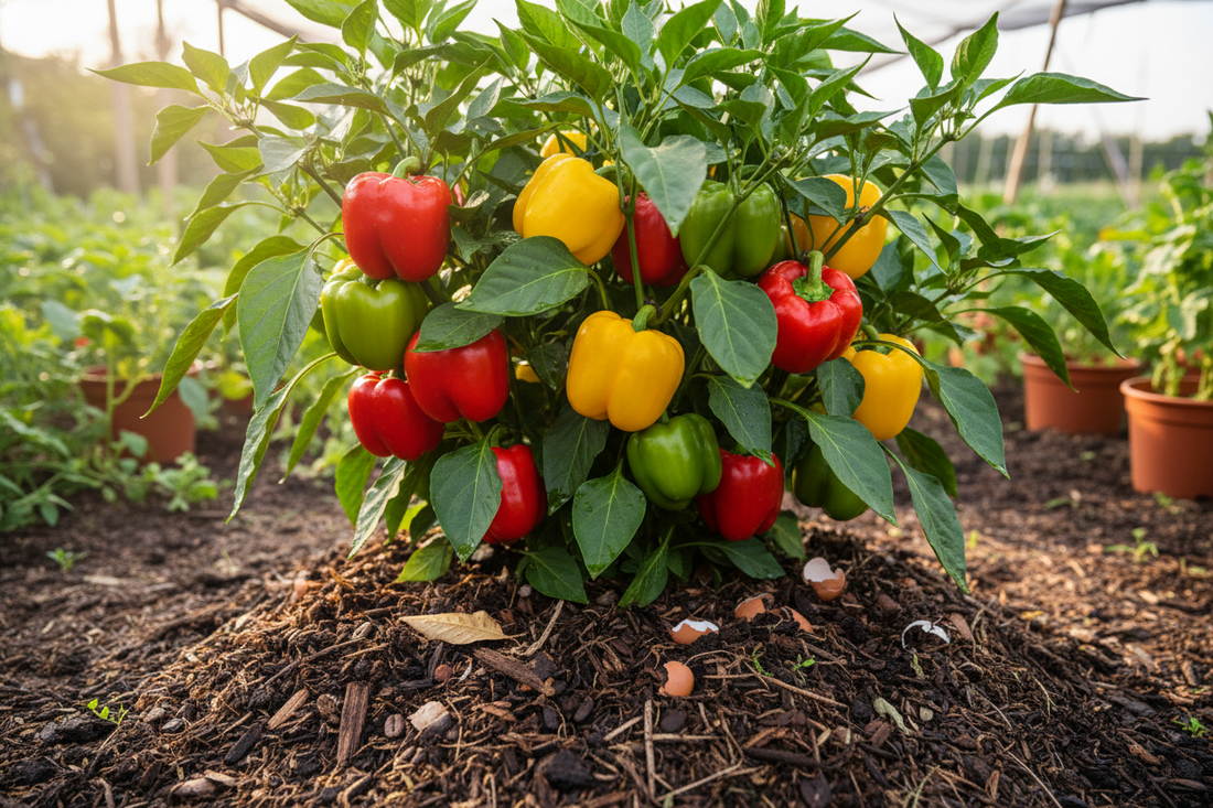 Farmer feeding pepper plants with the best fertilizer for peppers in greenhouse