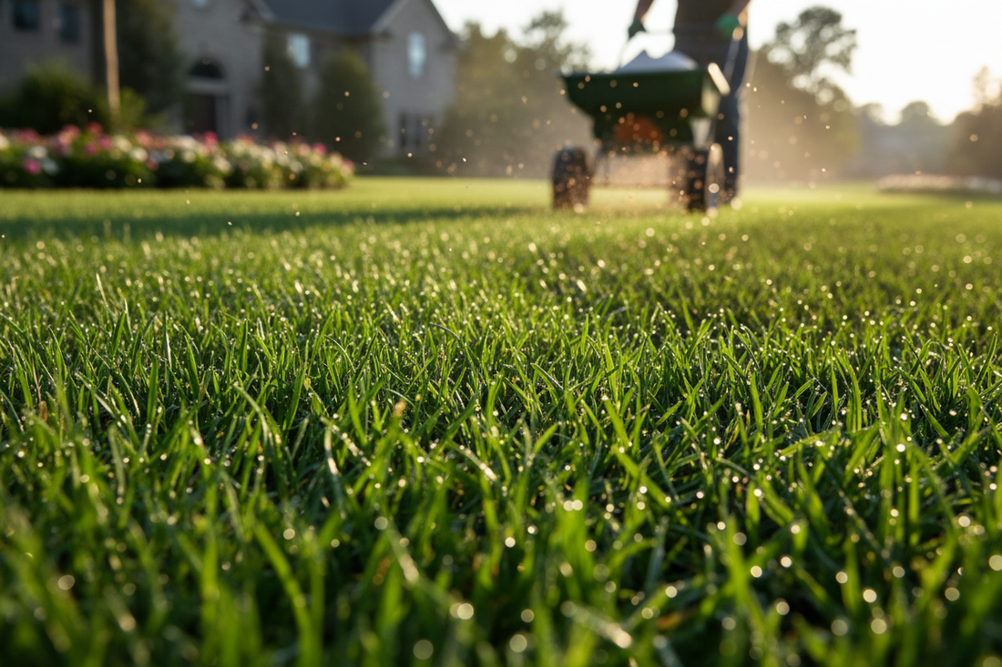 Lawn treated with nitrogen fertilizer for grass showing vibrant green turf
