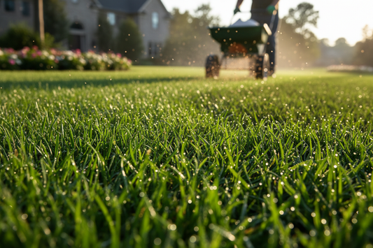 Lawn treated with nitrogen fertilizer for grass showing vibrant green turf