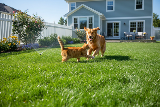 Dog playing on a green lawn treated with pet-safe fertilizer