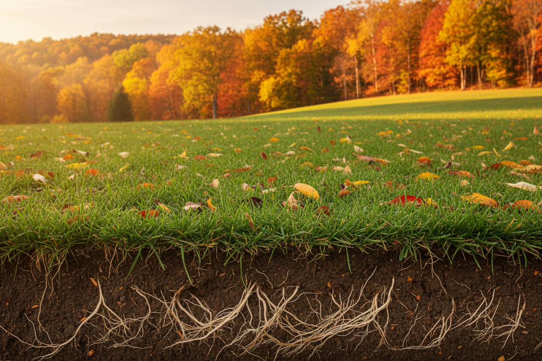 Homeowner applying fall lawn fertilizer for greener spring grass