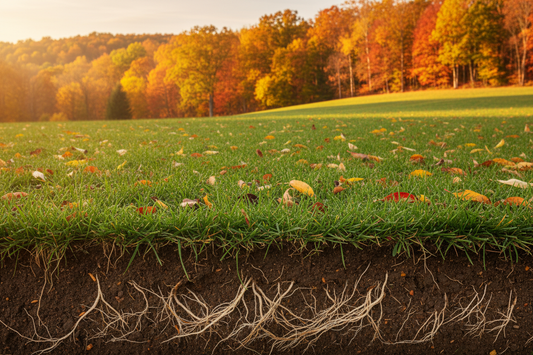 Homeowner applying fall lawn fertilizer for greener spring grass