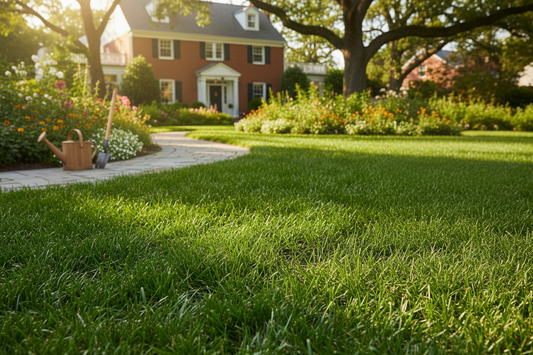 Applying fertilizer for lawn with green grass background
