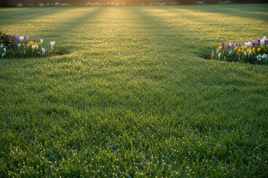 Applying early spring lawn fertilizer on green grass
