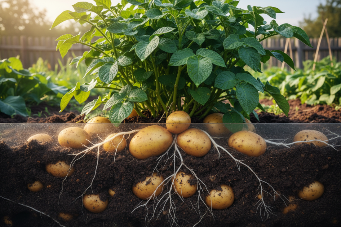 applying fertilizer to potato plants for higher yield