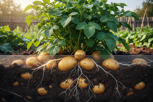 applying fertilizer to potato plants for higher yield