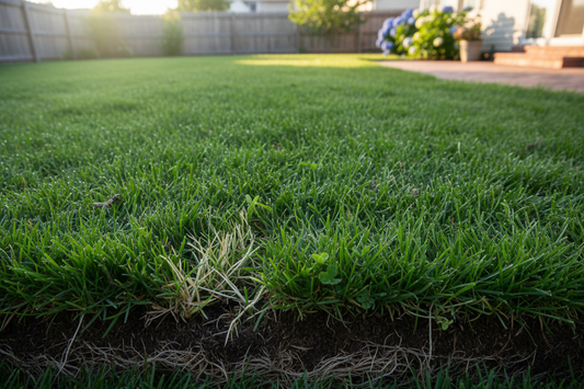 Green lawn with sprinkler and fertilizer application banner