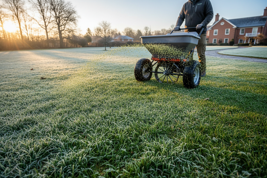 Gardener applying the best winter fertilizer for grass before frost