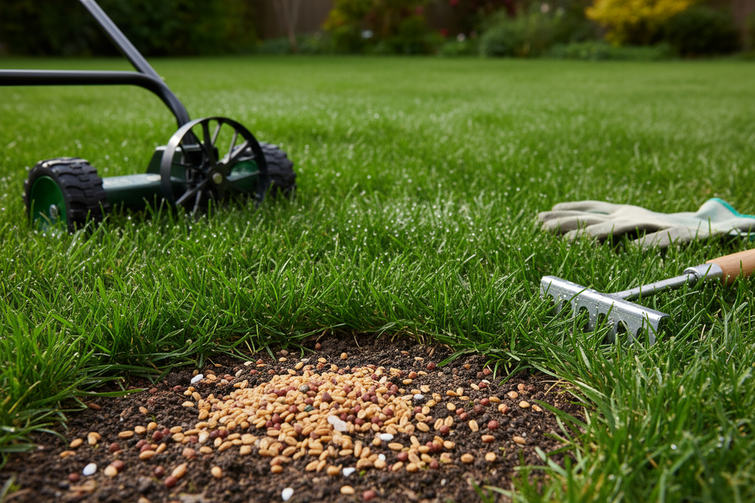 Spreading lawn seed and fertilizer for a thick green lawn