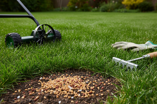 Spreading lawn seed and fertilizer for a thick green lawn