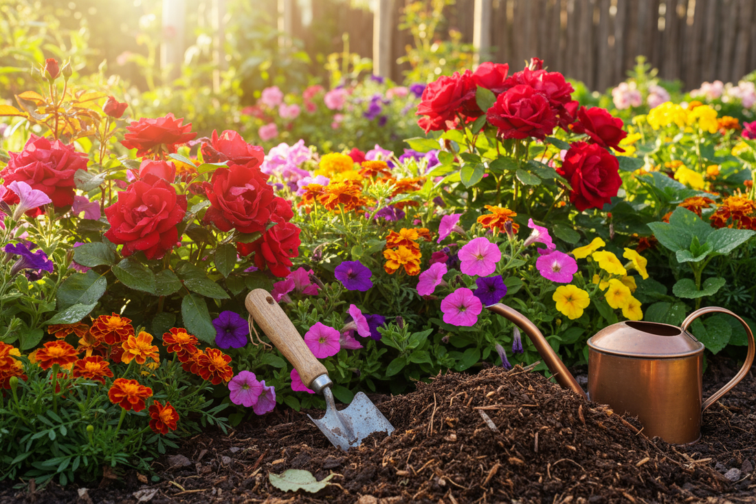 Gardener applying Z NPK Fertilizer to flowering plants for brighter, longer-lasting blooms