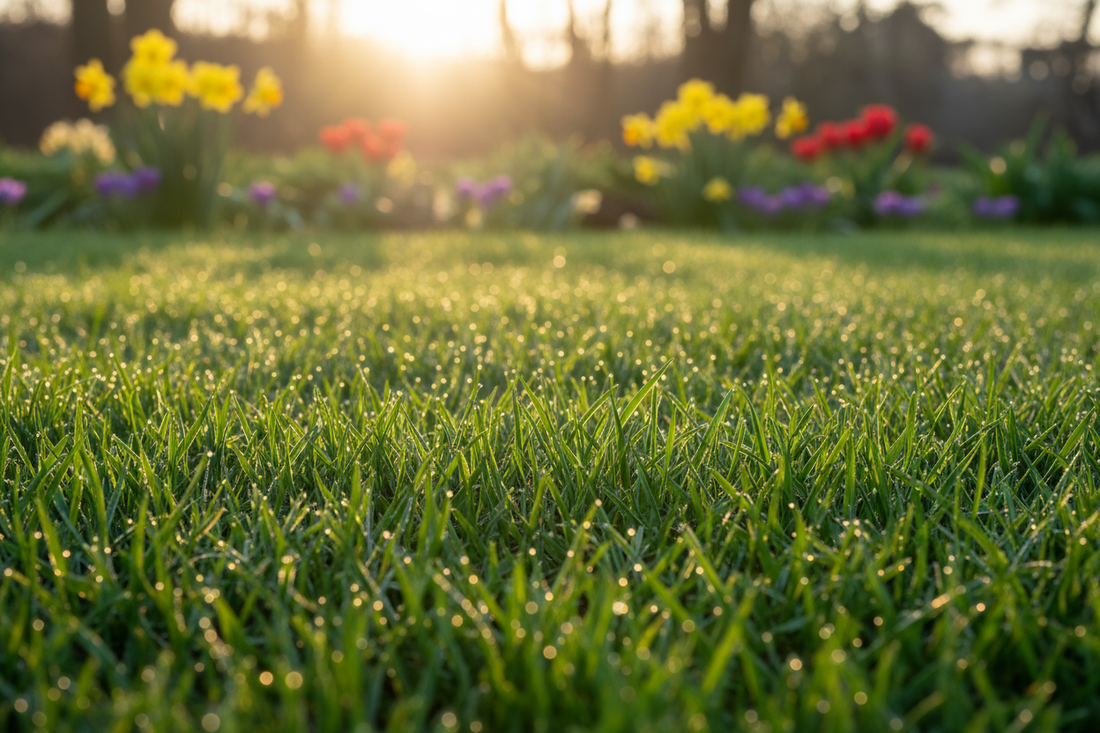 Gardener applying the best grass fertilizer for spring on a green lawn