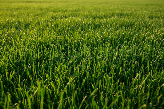 Gardener applying high nitrogen lawn fertilizer for deep green turf