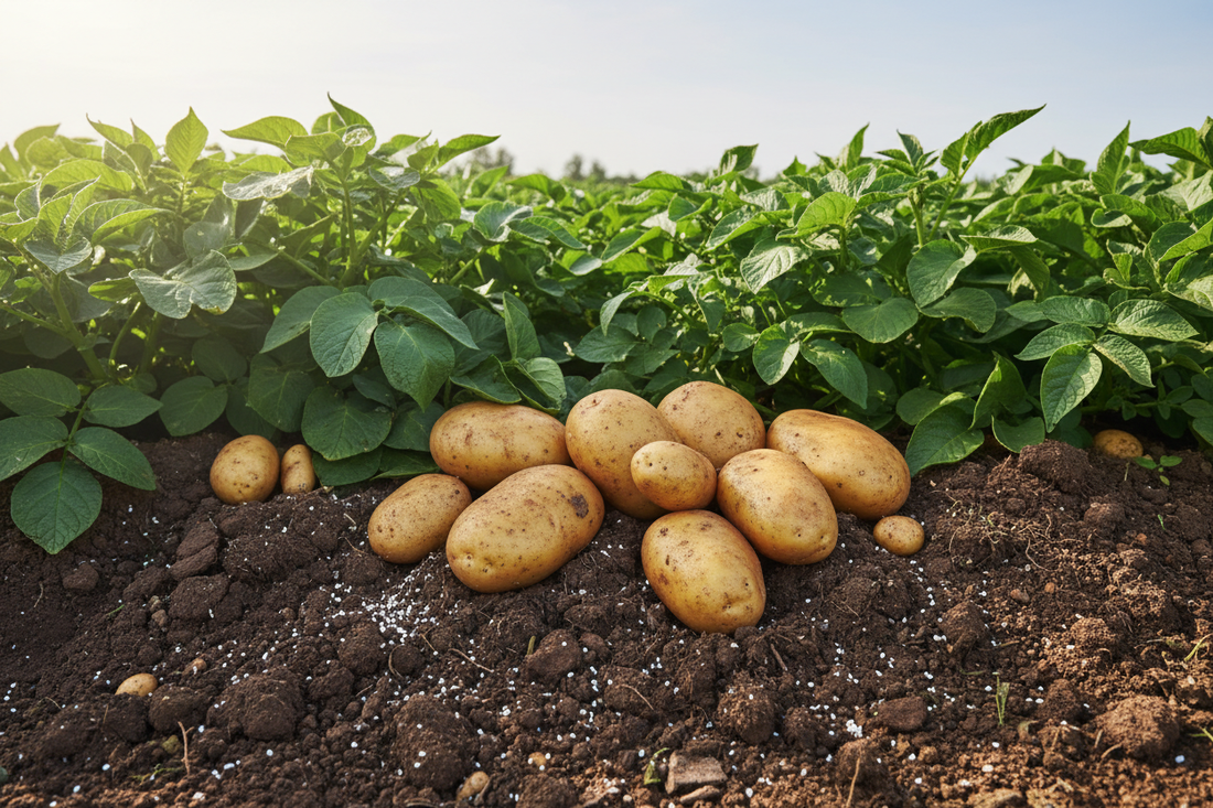 Farmer applying the best fertilizer for potatoes to boost tuber size and yield