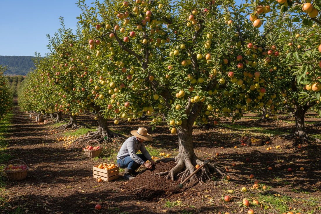 Farmer applying fruit tree fertilizer for bigger, healthier harvests