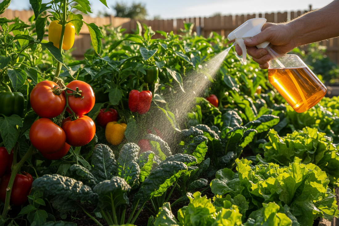 Farmer applying liquid fertilizer to vegetable crops in field.