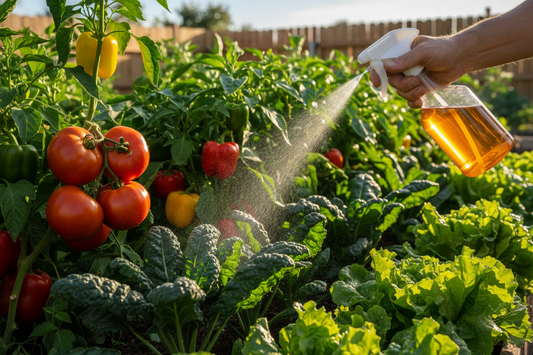 Farmer applying liquid fertilizer to vegetable crops in field.