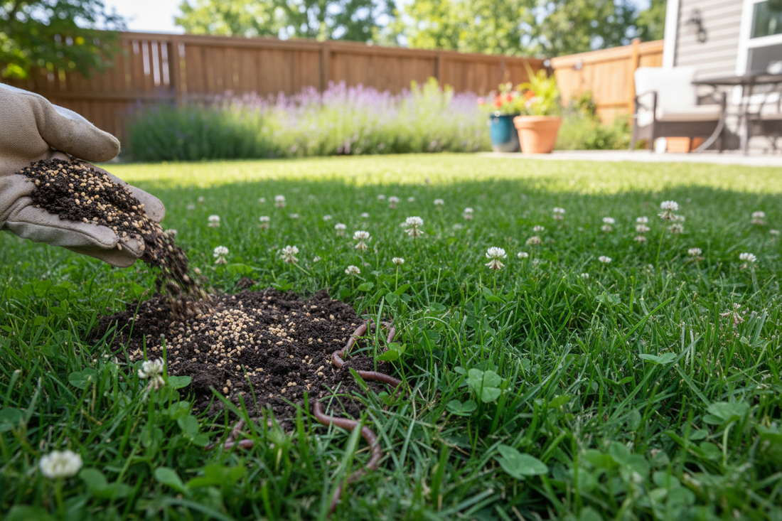 Gardener applying organic Z NPK Fertilizer to lawn for greener, healthier grass
