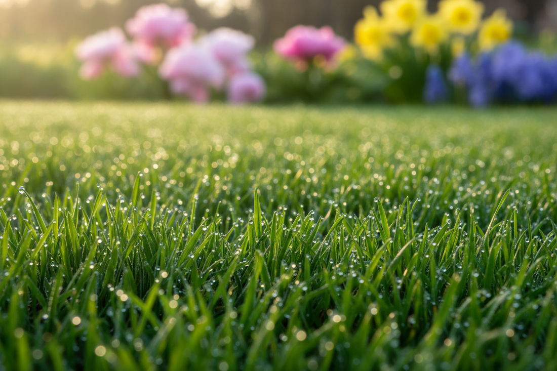 Homeowner applying spring lawn fertilizer for fast green-up