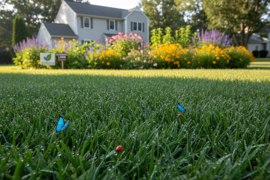 Homeowner applying slow release lawn fertilizer to green grass