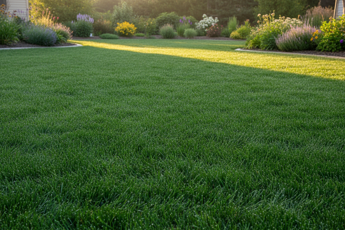 Homeowner applying weed and feed grass program to a green lawn