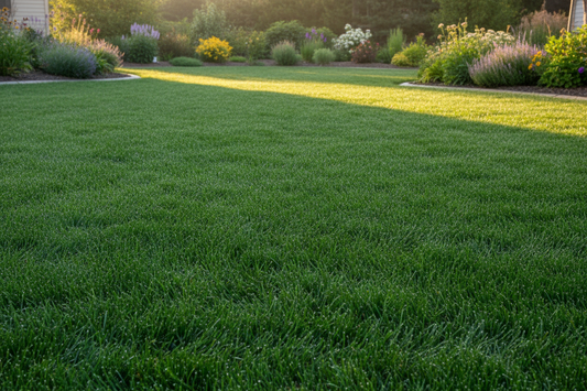 Homeowner applying weed and feed grass program to a green lawn